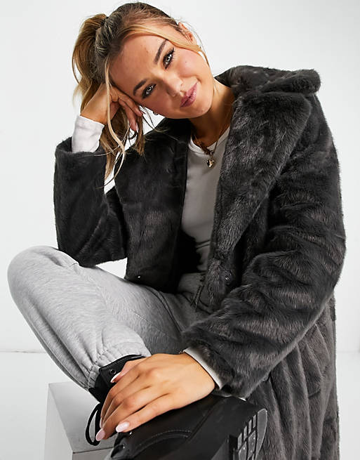 New Look Faux Fur Coat In Dark Grey Asos, Grey Faux Fur Coat Long