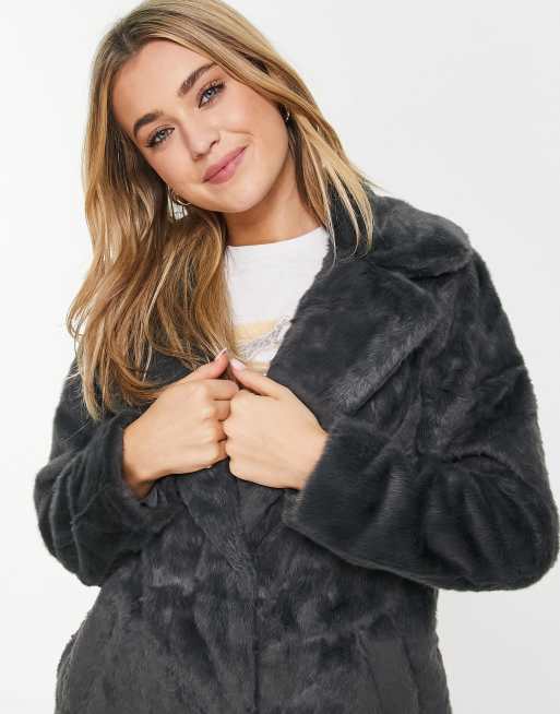 New Look faux fur coat in dark grey