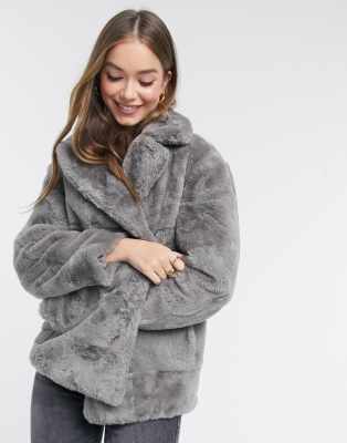 New Look Faux Fur Coat In Gray