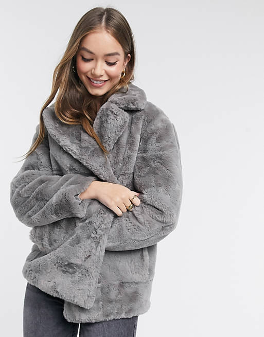 New Look Faux Fur Coat In Grey Asos, Grey Faux Fur Coat Long