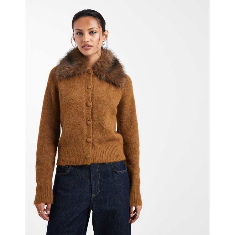 New Look faux fur collar cardigan in tan ASOS