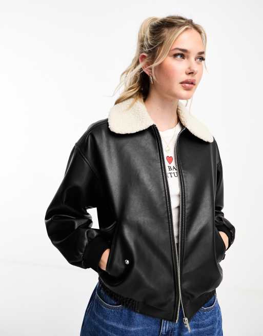 Womens leather bomber hot sale jacket with fur collar