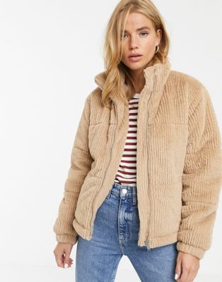 New Look faux fur cord puffer jacket in camel | ASOS