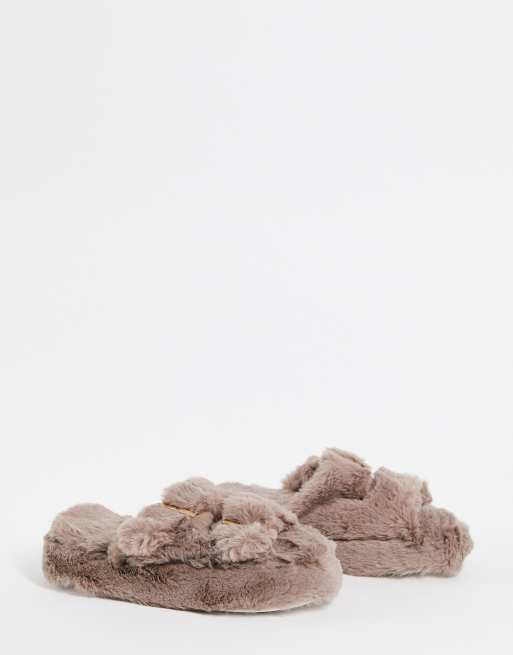 New Look faux fur fluffy double buckle sliders in mink ASOS