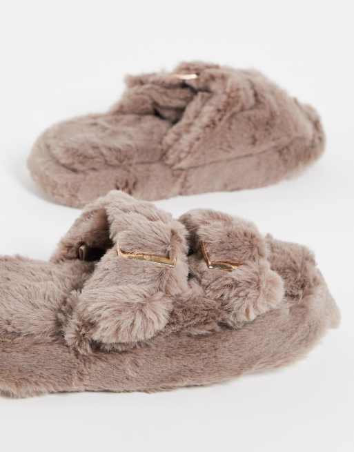 New Look faux fur fluffy double buckle sliders in mink ASOS