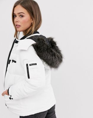 white puffer jacket with fur hood