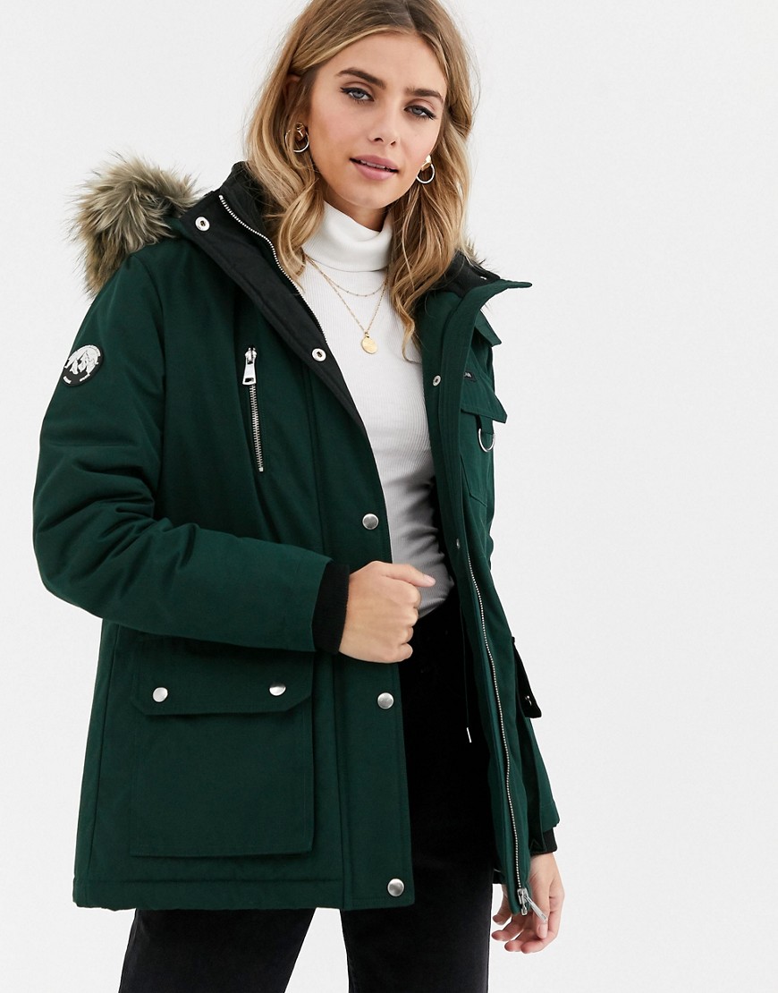 New Look Faux Fur Hood Utility Jacket In Green