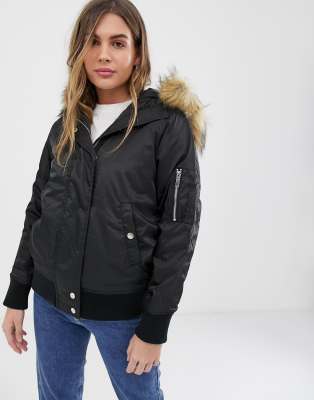 new look faux fur hooded bomber jacket