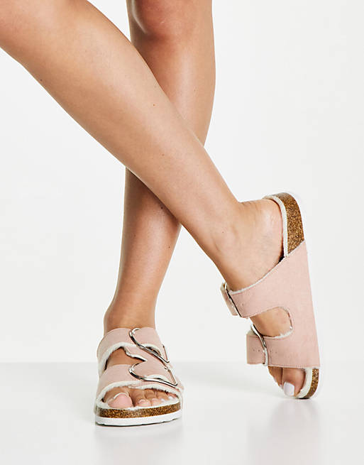 New Look faux fur lined flat sandals in pink
