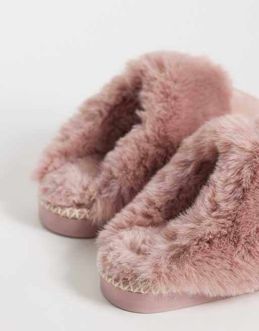 New Look faux fur lined slipper with contrast stitch in pink, 4 of 5