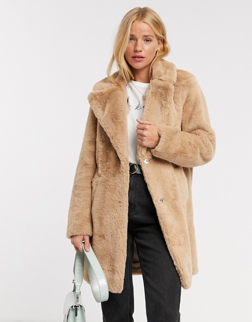 New Look faux fur longline coat in camel