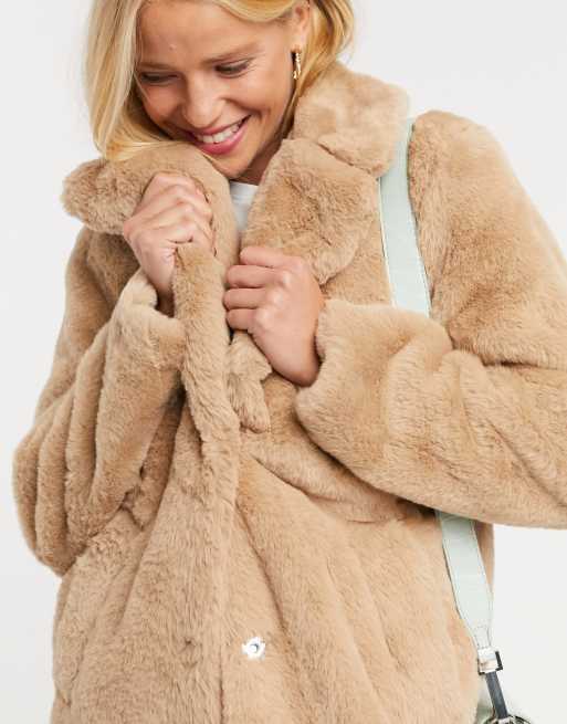 ASOS DESIGN longline plush faux fur coat in camel