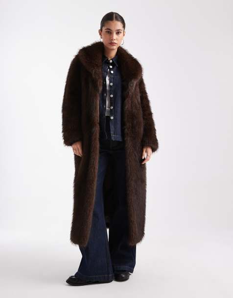 New Look faux fur maxi coat in brown - view 1