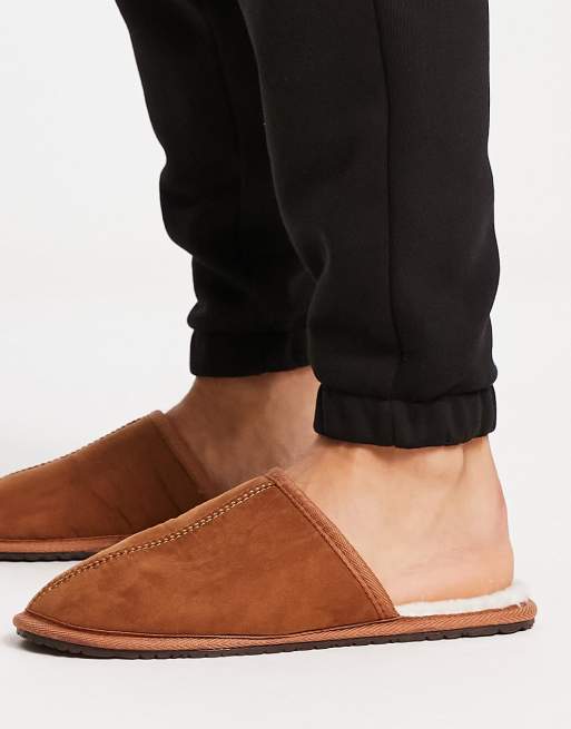 New Look faux fur slip on mule slippers in tan ASOS