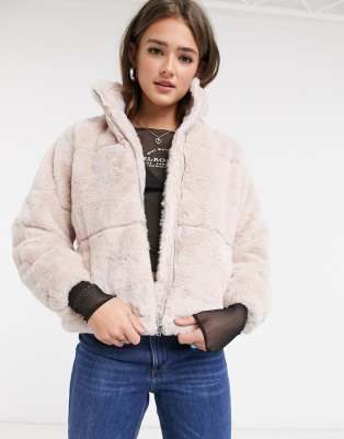 New Look faux fur stand neck jacket in pale pink ASOS