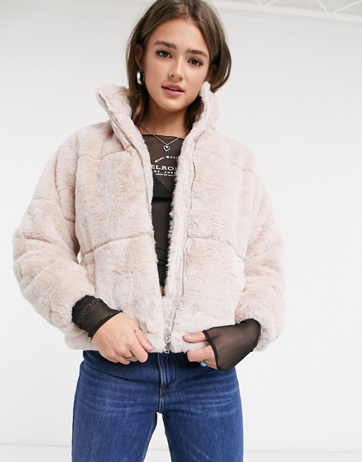 New Look faux fur stand neck jacket in pale pink
