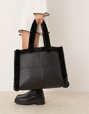 New Look faux fur trim boxy tote bag in black