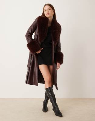 New Look New Look faux fur trim coat in burgundy-Red