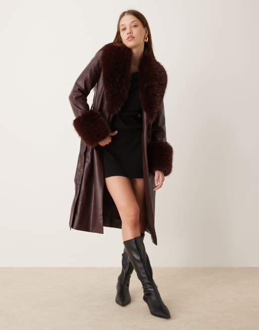 New Look faux fur trim coat in burgundy ASOS