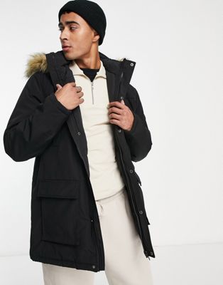 New Look faux fur trim hooded parka in black - ASOS Price Checker