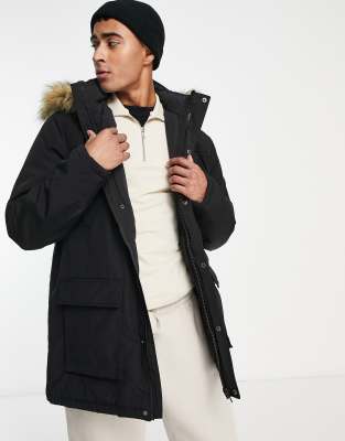 ルック New Look faux fur trim hooded parka in black メンズ-