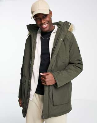 faux fur trim hooded parka in khaki-Green