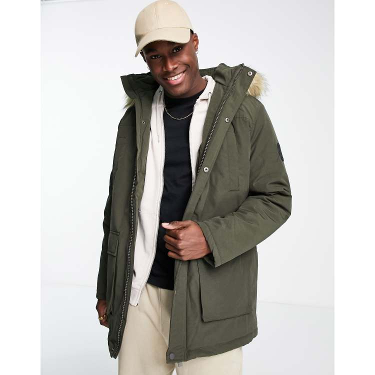 Mens khaki parka store with fur hood