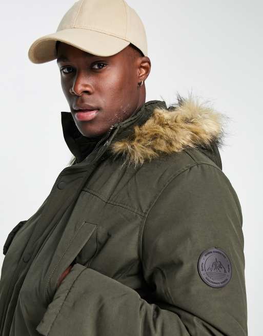 Khaki faux fur cheap trim hooded parka