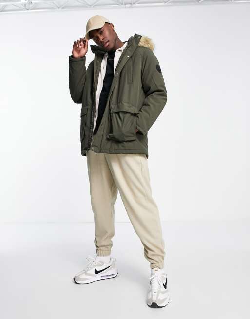 Khaki fur cheap trim hooded parka