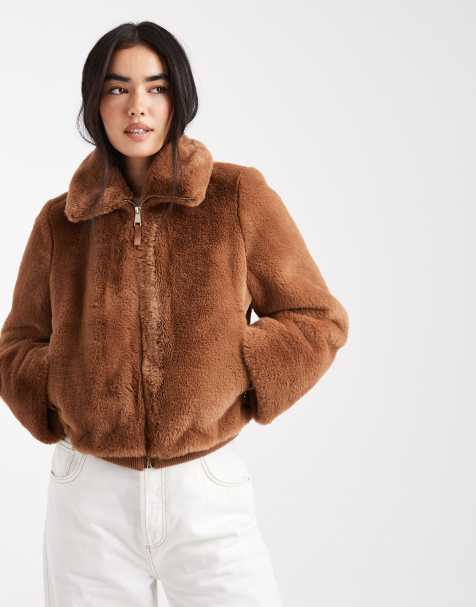 New Look faux fur zip up jacket in tan