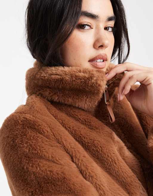 New Look faux fur zip up jacket in tan | ASOS