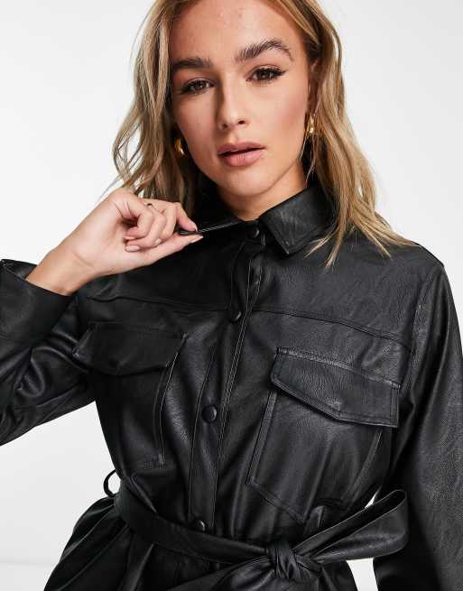 Waist Your Time Faux Leather Belted Shacket In Black