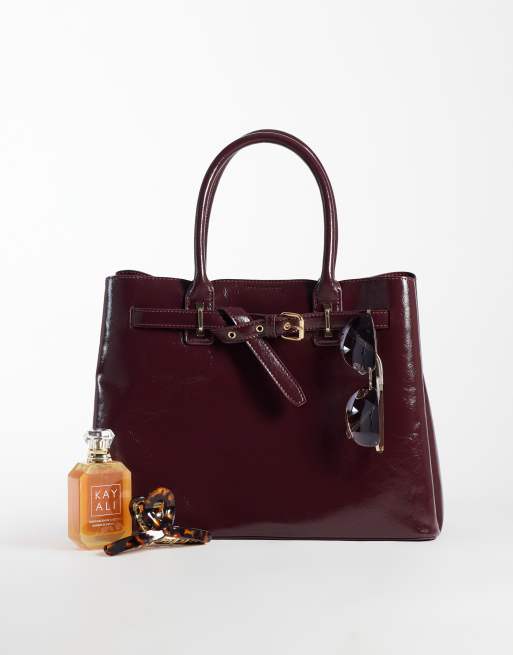 New Look faux leather belted tote bag in burgundy, 2 of 4