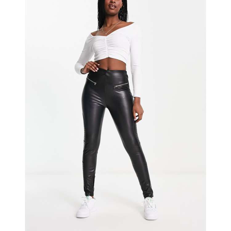 Black PU Leather Button Detailed Biker Leggings