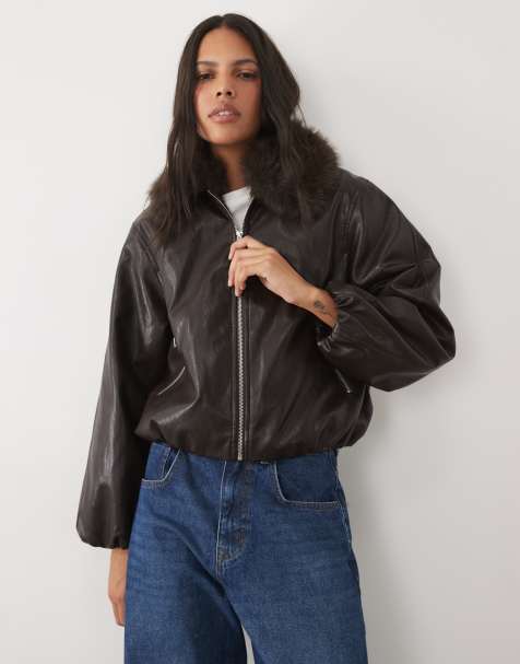 New Look faux leather bomber with faux fur collar in dark brown - view 1