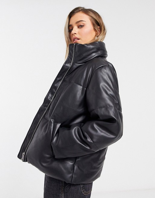 New Look faux leather boxy puffer jacket in black