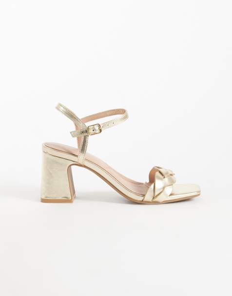 New Look faux leather braided block heel sandals in gold - view 1