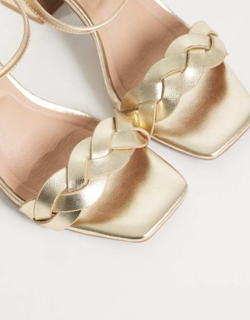 New Look faux leather braided block heel sandals in gold, 3 of 4