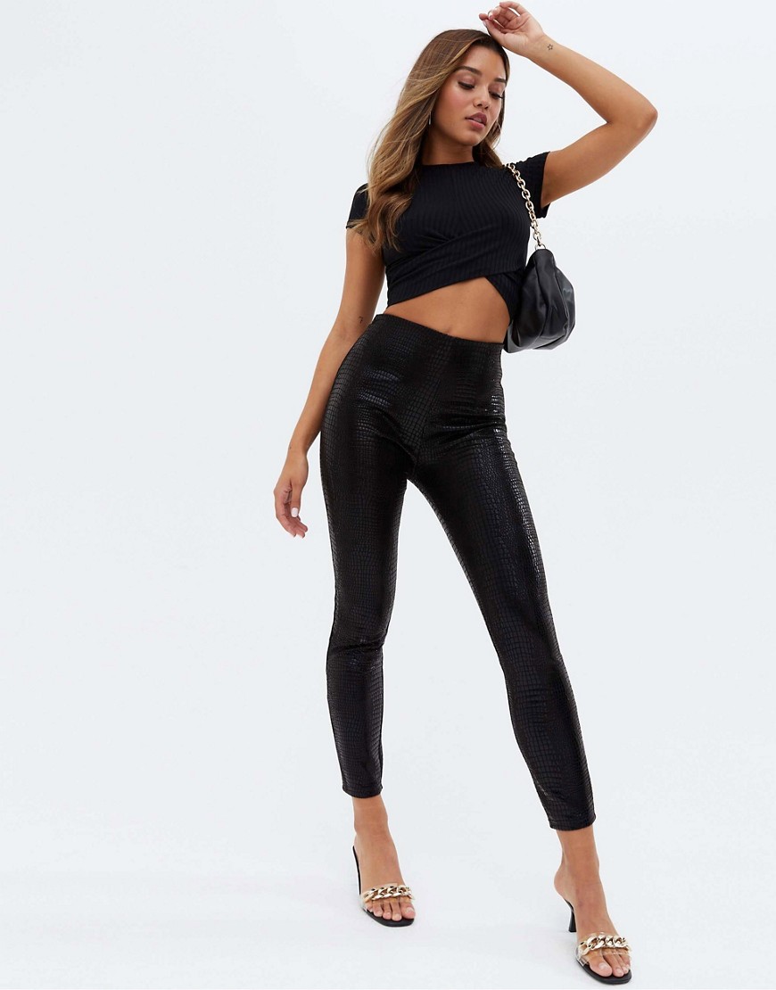 New Look faux leather croc effect legging in black