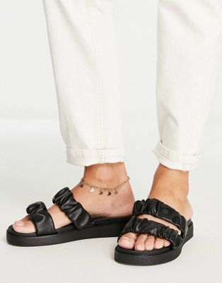 faux leather double strap sliders in black
