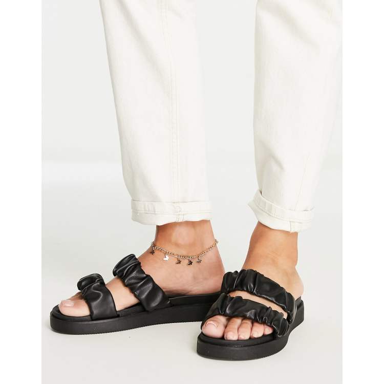 New Look faux leather double strap sliders in black ASOS