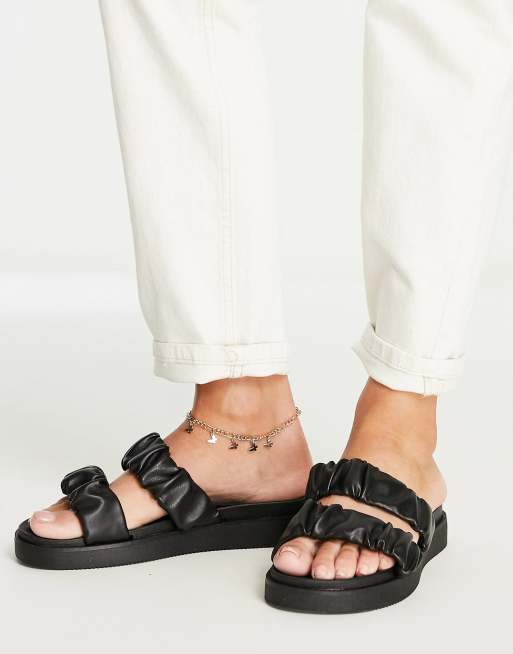 Wide Fit Black Leather-Look Buckle Sliders