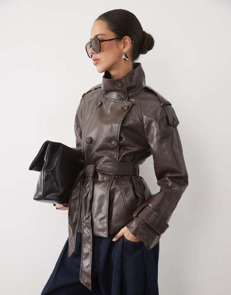 New Look faux leather funnel neck mac in dark brown - view 1