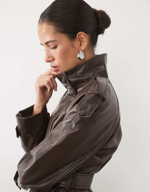 New Look faux leather funnel neck mac in dark brown, 2 of 4