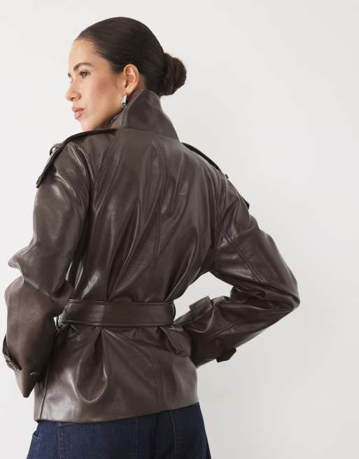 New Look faux leather funnel neck mac in dark brown, 4 of 4