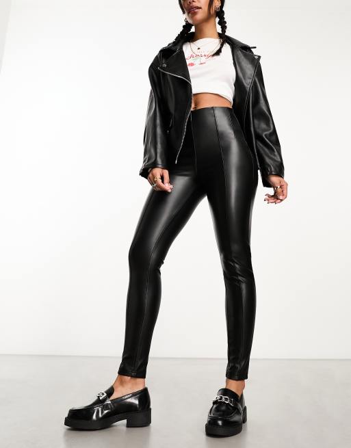 Vila leather look high waisted skinny trousers in black