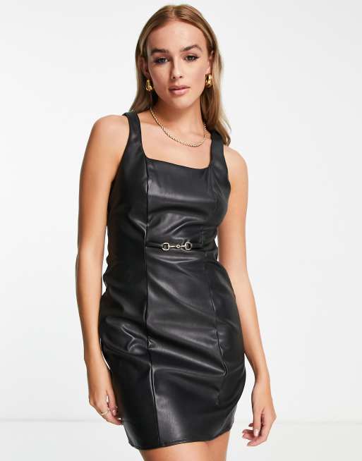 Black leather store look pinafore dress