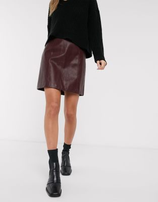 Burgundy leather shop skirt new look