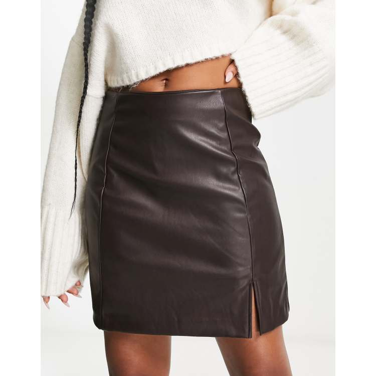 New Look faux leather mini skirt with slit in dark brown