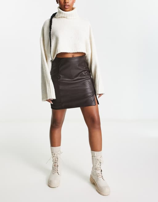 New Look faux leather mini skirt with slit in dark brown